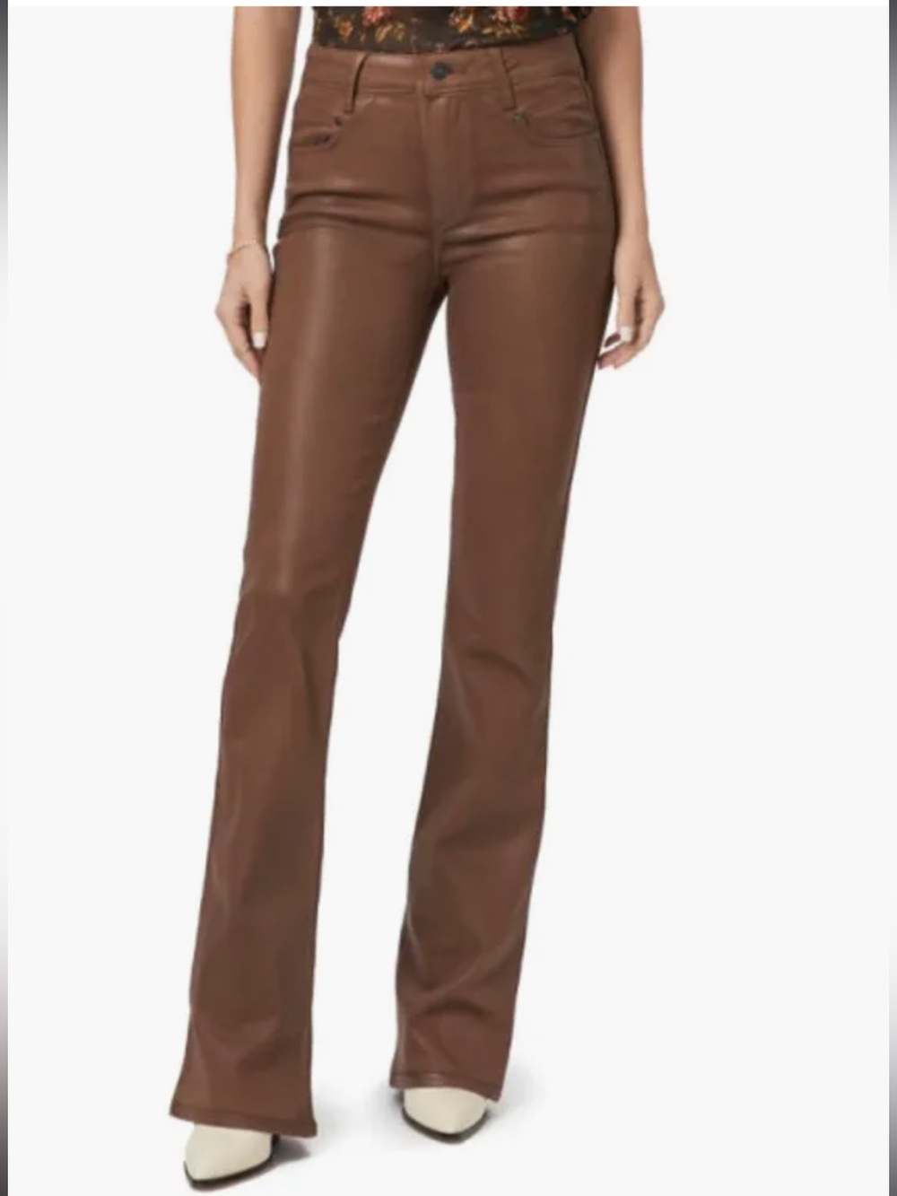 NWT PAIGE Sz 34 Laurel Canyon Coated High Waist Flare Jeans in Cognac Luxe $259!